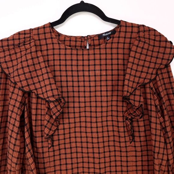 Madewell Ruffle-Front Top in Plaid Size Medium Warren Check Rust Long Sleeve - Picture 5 of 16